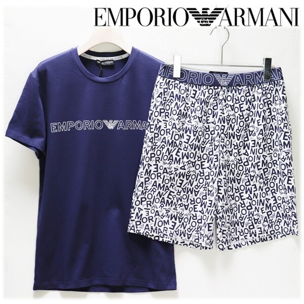 《EMPORIO ARMANI エンポリオアルマーニ》新品 伸縮性あり Tシャツ+ロゴ総柄ショートパンツ 上下セット セットアップ インポートS(M)S1916