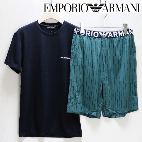 《EMPORIO ARMANI エンポリオアルマーニ》新品 Tシャツ+ロゴ総柄ショートパンツ 上下セット セットアップ インポートM(日本M〜L) S1925