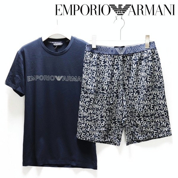 《EMPORIO ARMANI エンポリオアルマーニ》新品 伸縮性あり Tシャツ+ロゴ総柄ショートパンツ 上下セット セットアップ インポートS(M)S1926