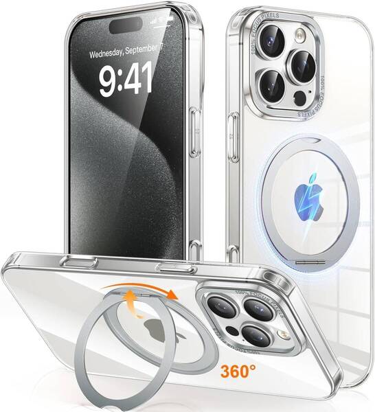 iPhone 16 Pro 用 ケース Magsafe対応 ワイヤレス充電 360°回転スタンド 縦横両対応