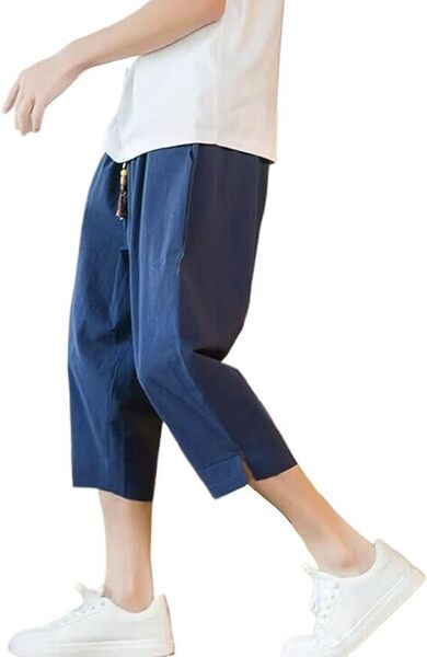 サルエルパンツ メンズ 夏 七分丈 ゆったり 綿麻 ワイドパンツ 薄手 3XL