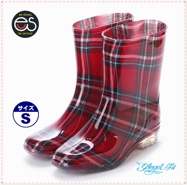 ★新品★【15030-red-chk-s】 婦人レインブーツ ブラックチェック柄 ミドル丈 合成樹脂製の一体成型 使い勝手がいい