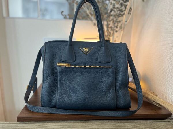 PRADAメンズ兼用2wayブラックネイビーレザートートバッグショルダーバッグ