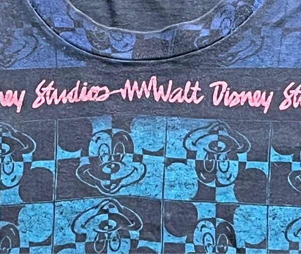 スーパーレア 80s 90s USA ディズニー ミッキーマウス 総柄 ボーダー ブラック 黒 tシャツ XL オフィシャル物 ビンテージ 裾袖シングル