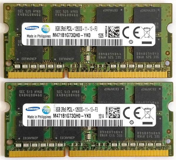 保証付き ノートパソコン用メモリー SAMSUNG(サムスン)製 PC3L-12800S (DDRL3-1600) 8GB×2枚セット 合計16GB No.5c14