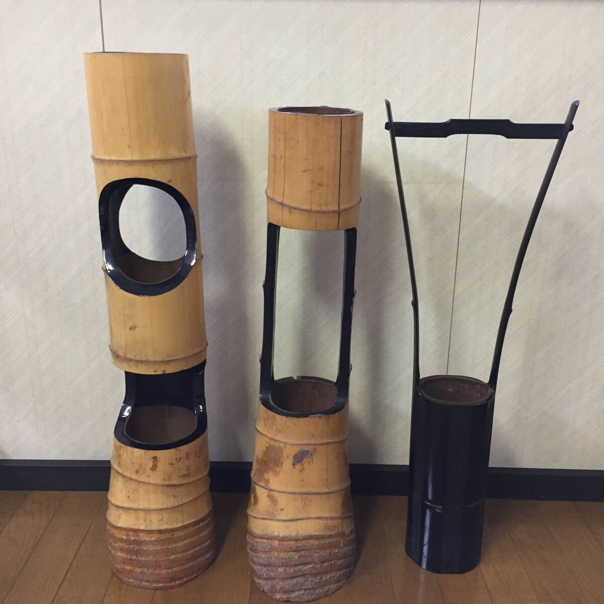 閑】茶道具 竹製 大型切花入花器 花入れ 瓢箪型抜き 銅製水入