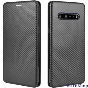 LG V60 ケース 手帳型 炭素繊維調 LG V60 マグネット ストラップ付き 耐衝撃 全面保護-ブラック 276
