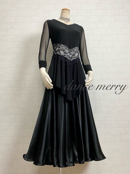 ★送料無料★【MERRY】 限定Lサイズ 社交ダンス 黒 白 レース チュニック 2913 ゆったり ロング トップス レッスン ラテン 衣装