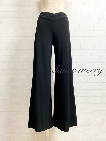 ★送料無料★新品 Lサイズ 社交ダンス ストレッチパンツ 2256 黒 ワイドパンツ ラテン タンゴ パソ フラメンコ レッスン 【MERRY】