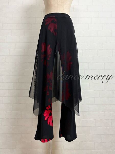 ★送料無料★【MERRY】 新品 社交ダンス パンツ 赤 黒 ズボン 2368 オーバースカート メッシュ ラテン 男足 タンゴ ルンバ ダンス ステージ