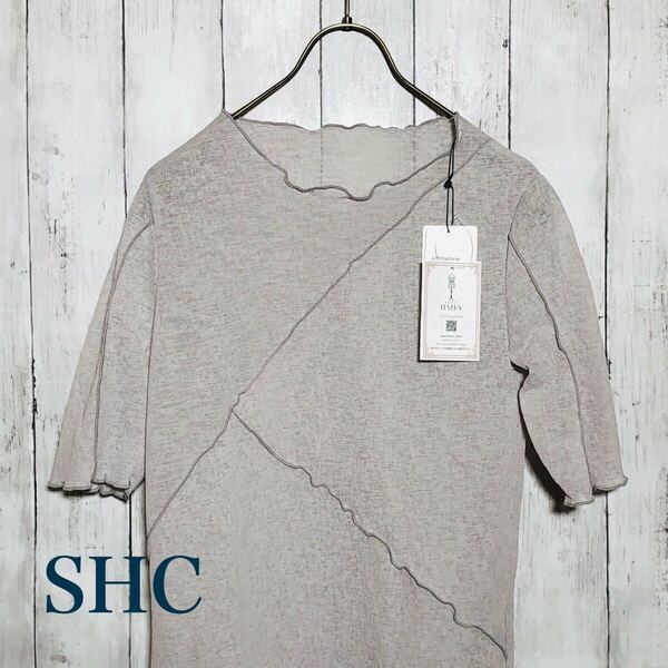 【SHC】 半袖 メロウ トップス カットソー クルーネック シアー素材 伸縮素材 裏地なし フリーサイズ Mサイズ相当 商品タグ付 【未使用品】