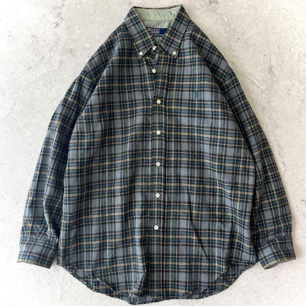 90s ポロ ラルフローレン Polo by Ralphlauren Lサイズ ウール タータンチェック 長袖 ネルシャツ 緑グリーン