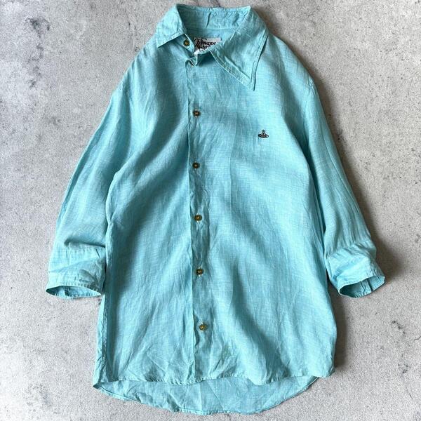 Vivienne Westwood MAN ヴィヴィアンウェストウッド マン 46 M~Lサイズ相当 アシンメトリー襟 刺繍オーブ リネン 半袖 7分袖 シャツ 青