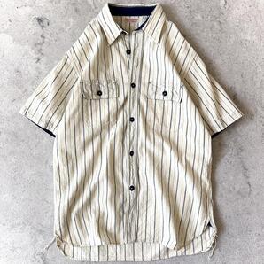 美品 シュガーケーン SUGAR CANE 日本製 Lサイズ コットン ブルーストライプ 半袖 シャツ アイボリー〜ライトベージュ