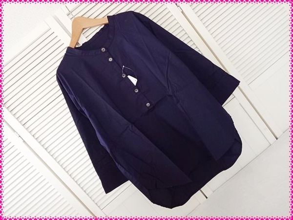 【送料無料】LL* 新品 スタンドカラー 綿混ストレッチ シャツチュニック♪ ネイビー 7分袖