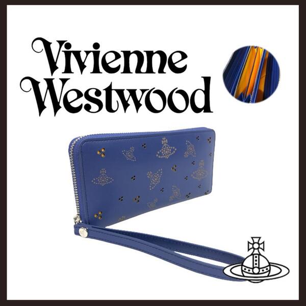 ○★新品 未使用 Vivienne Westwood トリプルポルカドット長財布 ラウンドファスナー ネイビー(ヴィヴィアンウエストウッド)○●