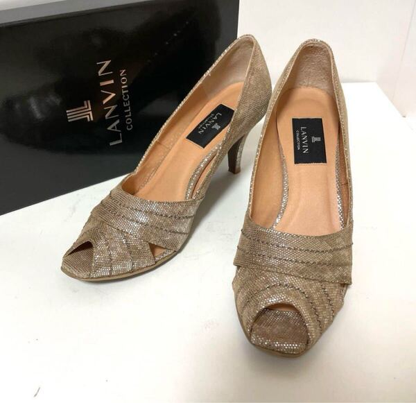 LANVIN COLLECTION ランバン コレクション オープントゥ ハイヒール パンプス 23 1/2 ゴールド ラメ 中古
