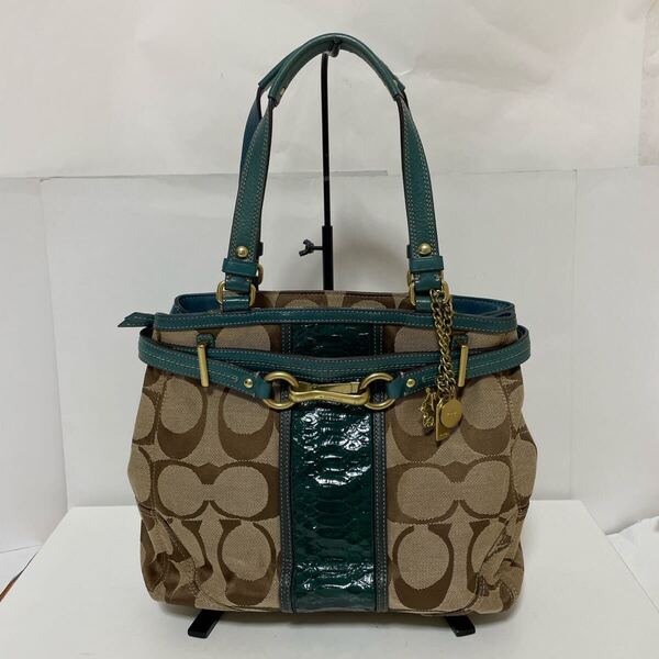 COACH コーチ シグネチャー トートバッグ キャンバス レザー パイソン柄 カーキ 12466 中古