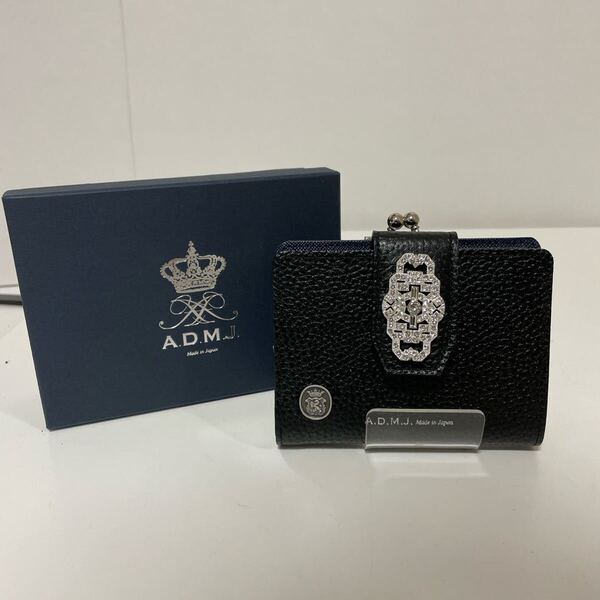 A.D.M.J. レザー アールデコ 二つ折り ミニ財布 がま口 スワロフスキー ブラック 美品