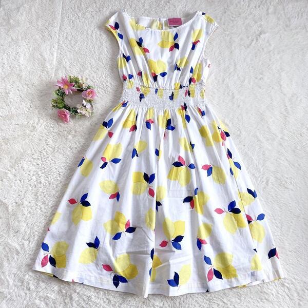 58 -大特価ー 【ケイトスペード】 レモン柄 フレアワンピース ノースリーブ Aライン (M) kate spade new york ウエストシャーリング 膝丈