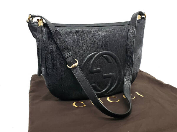 KD2568-50698◆ほぼ未使用【GUCCI グッチ】ソーホー・フリンジ・ショルダーバッグ・295175・インターロッキングG◆レザー・ブラック