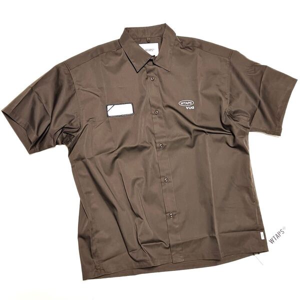 04 新品 WTAPS ダブルタップス オーバーサイズ ワッペン付き ワークシャツ 半袖 シャツ ブラウン REPO SS CTPL W)TAPS Wタップス W-TAPS