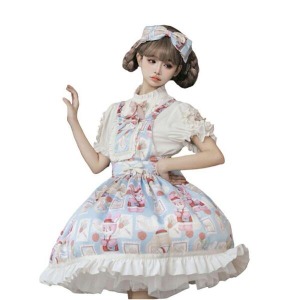 ロリータ ドレス ワンピース ハイウエスト サロペット スカート ゆるふわ かわいい コスプレ メイド