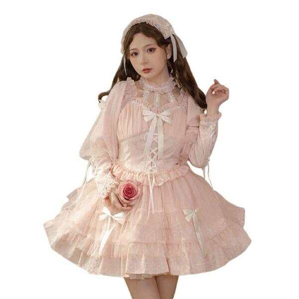 ロリータ ドレス 長袖 ワンピース ダークゴシック風 スカート コスプレ メイド かわいい ピンク ふわふわ ドレス