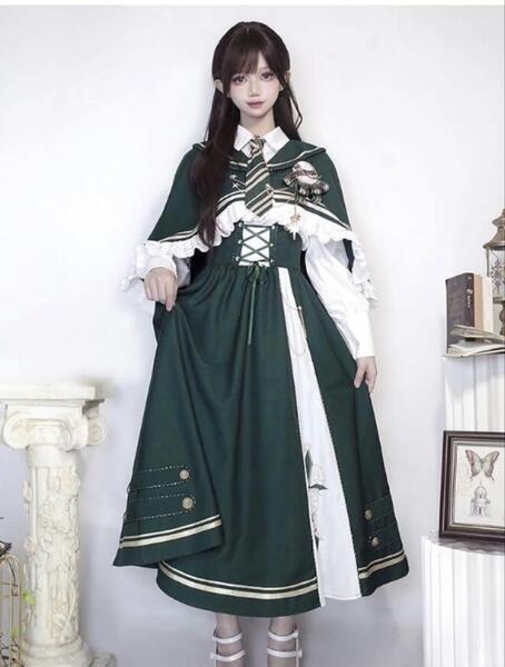 ワンピース 長袖制服 ゴシック風 魔法少女 森ガール 4点セット スカート コスプレ メイド 制服 ゴスロリ