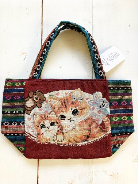 ゴブラン織り トートバッグ♪ かわいい猫柄② 軽量 ミニトートバッグ ファスナー・内ポケット付き