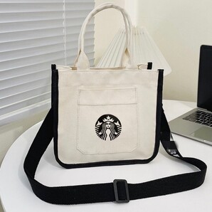 新品スタバ トートバッグ ショルダーバッグ キャンバス ホワイト ハンドバッグ ランチ 男女兼用 ボタン開閉 白