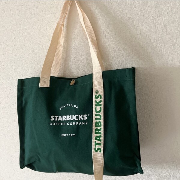 新品 スタバ トートバッグ エコバック ビッグ 緑 リボン 大容量 斜めがけ キャンバス グリーン