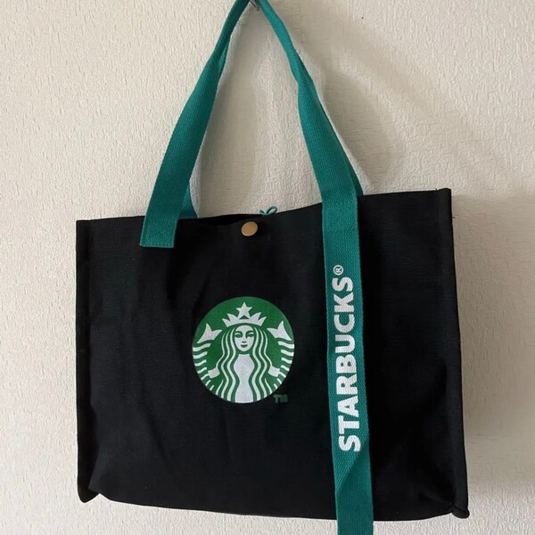 新品 スターバックス スタバ トートバッグ エコバック ビッグ ブラック 黒 リボン 大容量 斜めがけ キャンバス