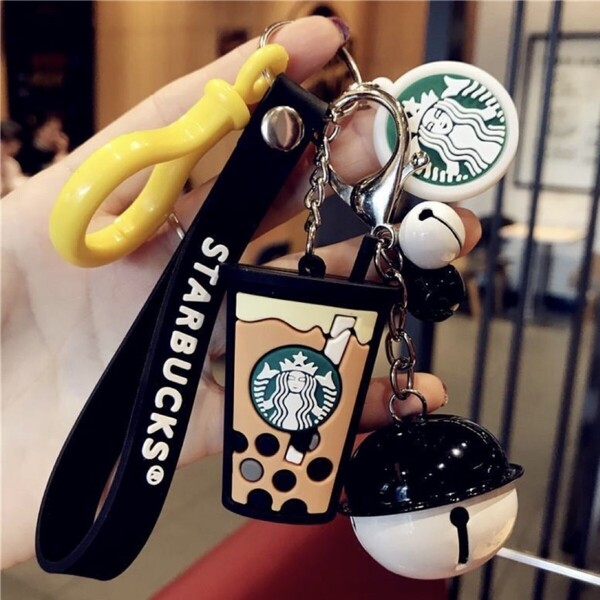 新品 スタバ タピオカキーホルダー ストラップ付き ベル バッグチャーム 鈴 ブラウン