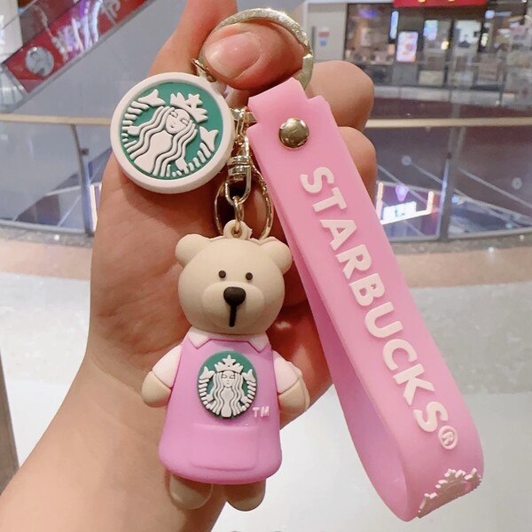 スタバ ベアブリック キーホルダー ピンク ストラップ付き バッグチャーム キーチェーン クマ