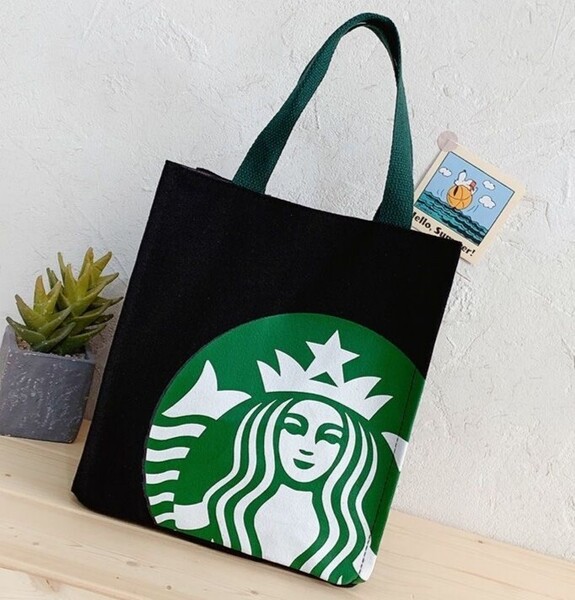 新品 スタバ トートバッグ ランチバッグ ハンド バック ブラック キャンバス 男女兼用 黒トートバッグ かばん オープン