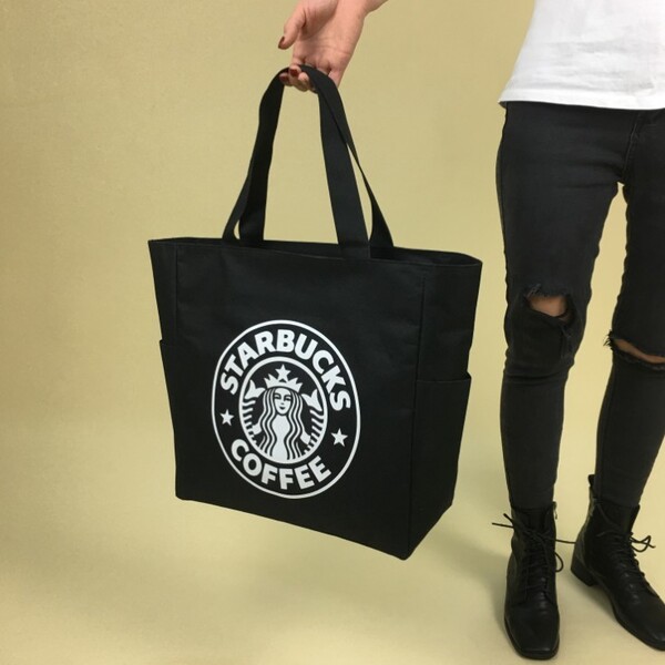 新品スタバ トートバッグ 黒 エコバック ビッグサイズ 買い物袋 ブラック キャンバス 大人気 開口部ファスナー式