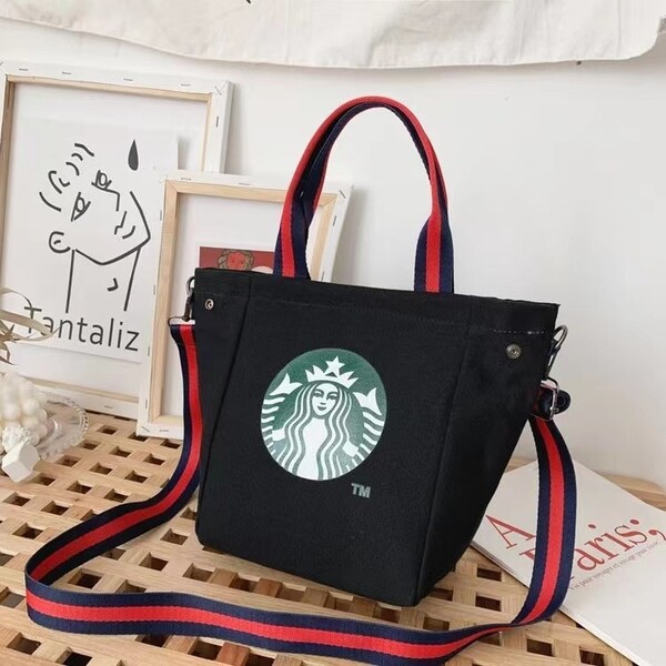 新品 スタバ トートバッグ ランチバック 大容量 レディース キャンバス ブラック ショルダー ハンド 2way 変形可