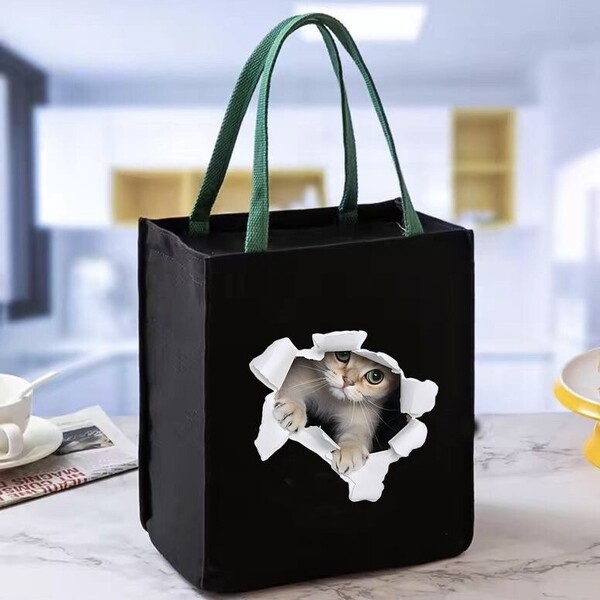 新品 猫柄 トートバッグ ランチバッグ ハンドバック ブラック キャンバス 男女兼用 黒トートバッグ かばん