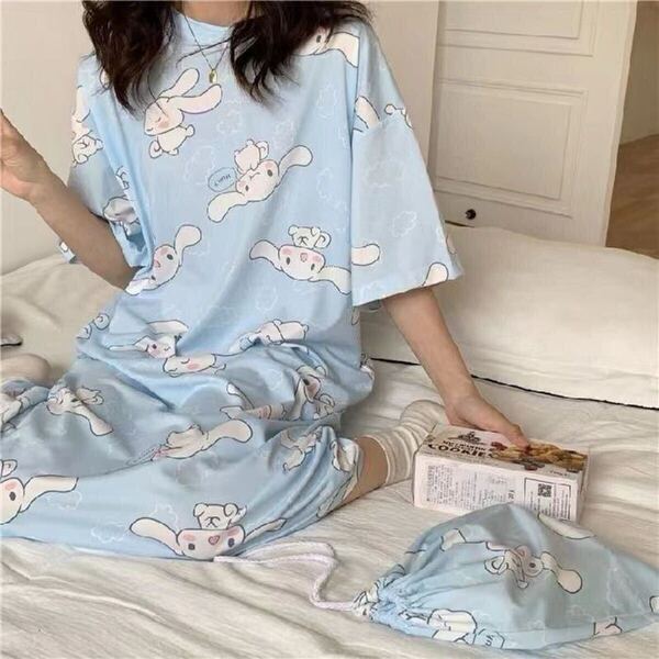 新商品 夏 可愛い パジャマ ルームウエア 半袖 ワンピース シナモンロール 巾着付き