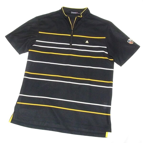 ルコックGOLF ゴルフクラブ総柄 グラフィック 半袖シャツ LL◎通気性良好 黒 ブラック ジップネック◎良品 後ろ裾微小なピリング 送料無料