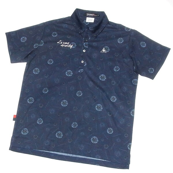 ルコック GOLF 美品 ボタンダウン 花柄 グラフィック総柄 ポロシャツ LL◎ネイビー le coq sportif ゴルフ◎洗浄済 送料無料