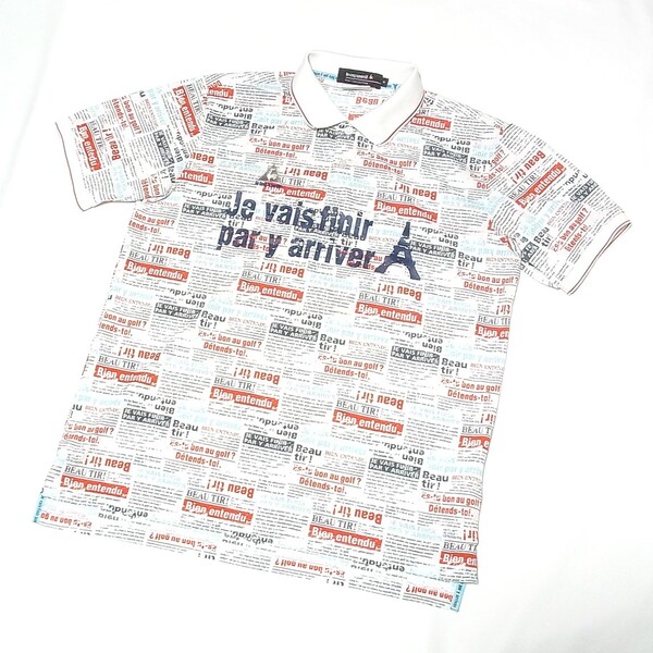 ルコック GOLF 美品 英字新聞風 総柄 ポロシャツ M◎le coq sportif ゴルフ◎ニューズペーパー風プリント◎送料無料