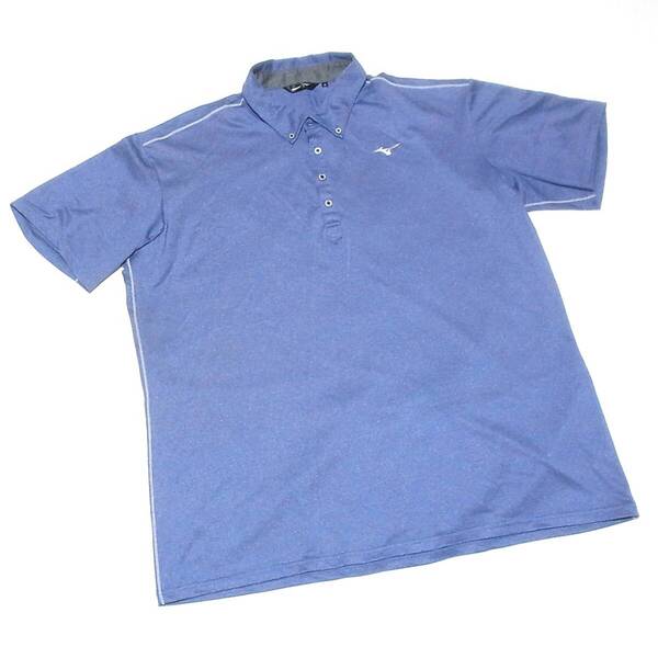 ミズノ ゴルフ 美品 MIZUNO GOLF ボタンダウン襟 ストレッチ 半袖シャツ 4L/大きいサイズ◎杢柄ブルー 洗浄済 送料無料 ポロシャツ
