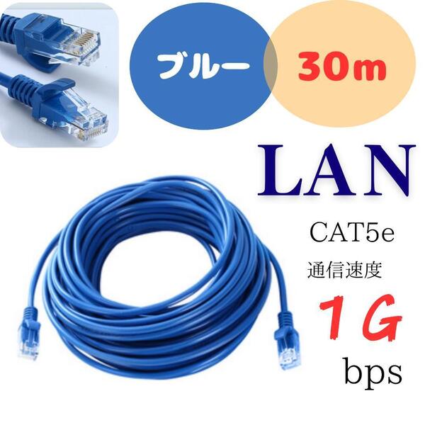 LANケーブル CAT5e 30m 1Gbps 青色 事務所 自宅 配線 ネット