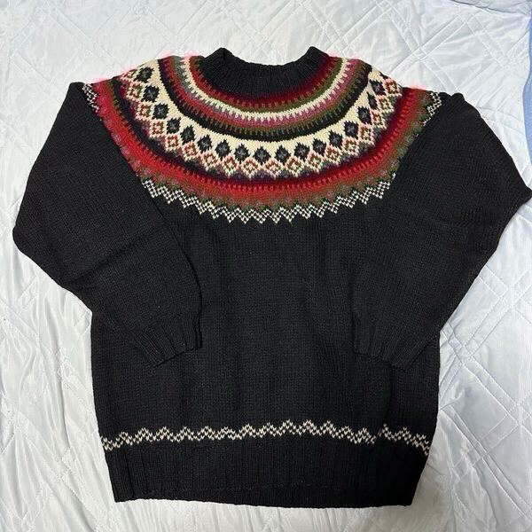 90's J.Crew ノルディックセーター Black M 巨人タグ 求心編み ブラック 黒 ウール ニット ジェイクルー メンズ ヴィンテージ Vintage 古着