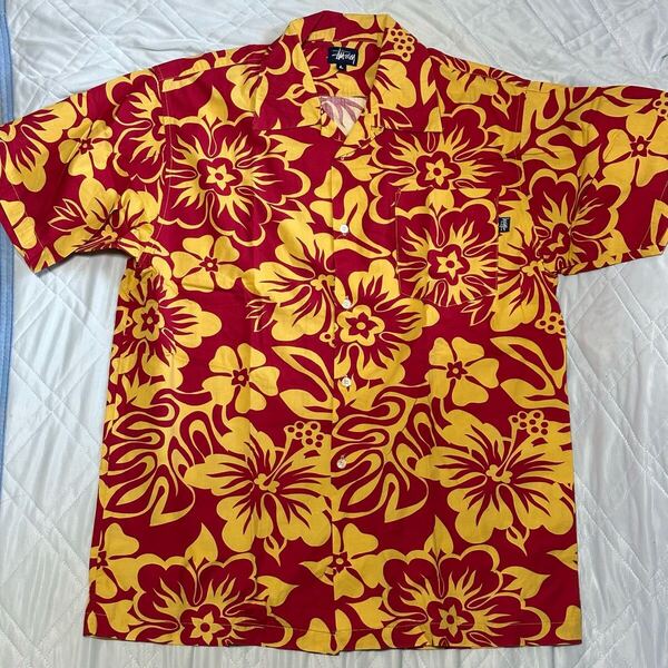 90's STUSSY コットンアロハシャツ レッド 赤 L 花柄 開襟 オープンカラー 黒タグ Made in USA アメリカ製 メンズ ヴィンテージ 古着