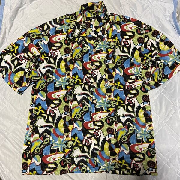 90's BACHRACH 開襟シャツ アート 総柄 Lサイズ オープンカラー アロハ メンズ 古着 ヴィンテージ ユーズド ART VINTAGE レーヨン コットン