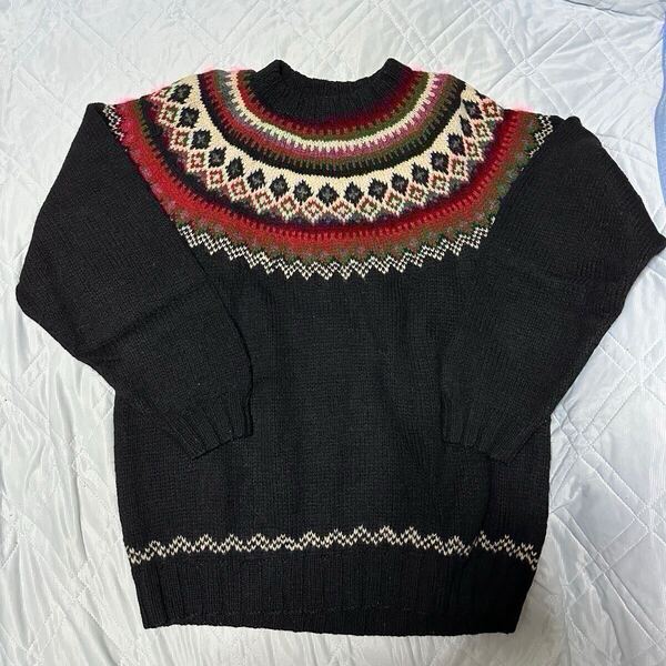 90's J.Crew ノルディックセーター Black M 巨人タグ 求心編み ブラック 黒 ウール ニット ジェイクルー メンズ ヴィンテージ Vintage 古着