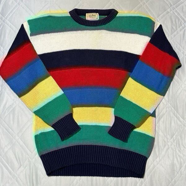 80's L.L.Bean マルチボーダーセーター M コットンニット ヴィンテージ 古着 アウトドア エルエルビーン メンズ アウトドア クルーネック